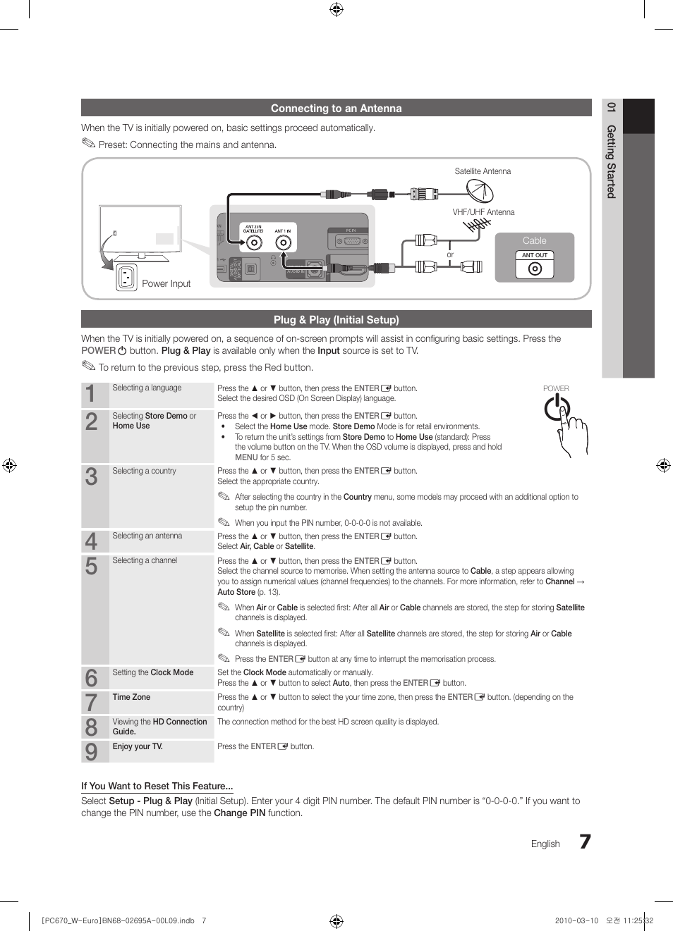 Connecting to an antenna | Samsung PS50C670G3S User Manual | Page 7 / 452