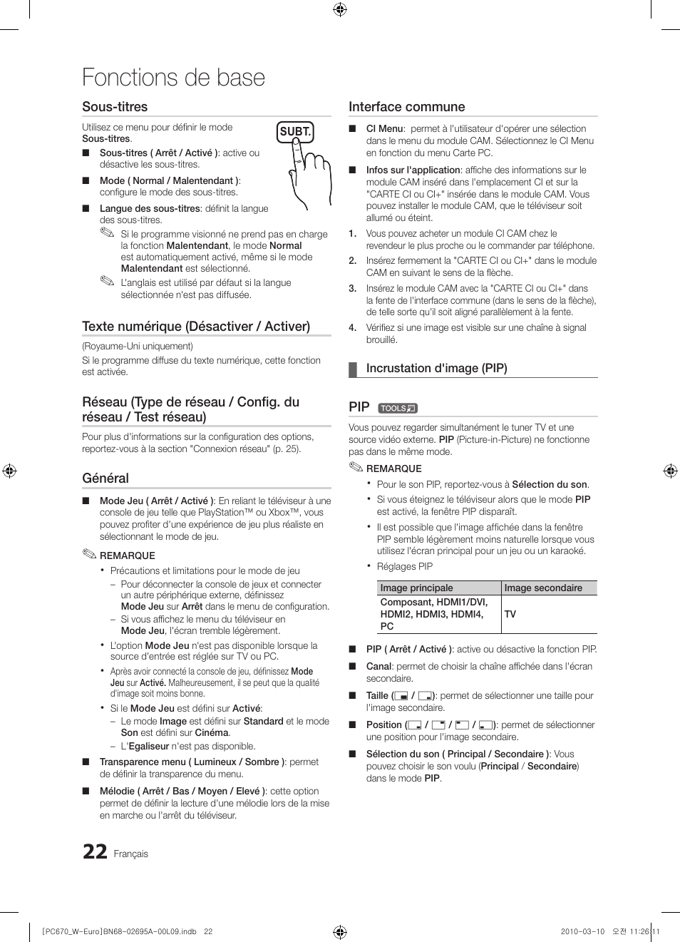 Fonctions de base, Sous-titres, Texte numérique (désactiver / activer) | Général, Interface commune | Samsung PS50C670G3S User Manual | Page 72 / 452