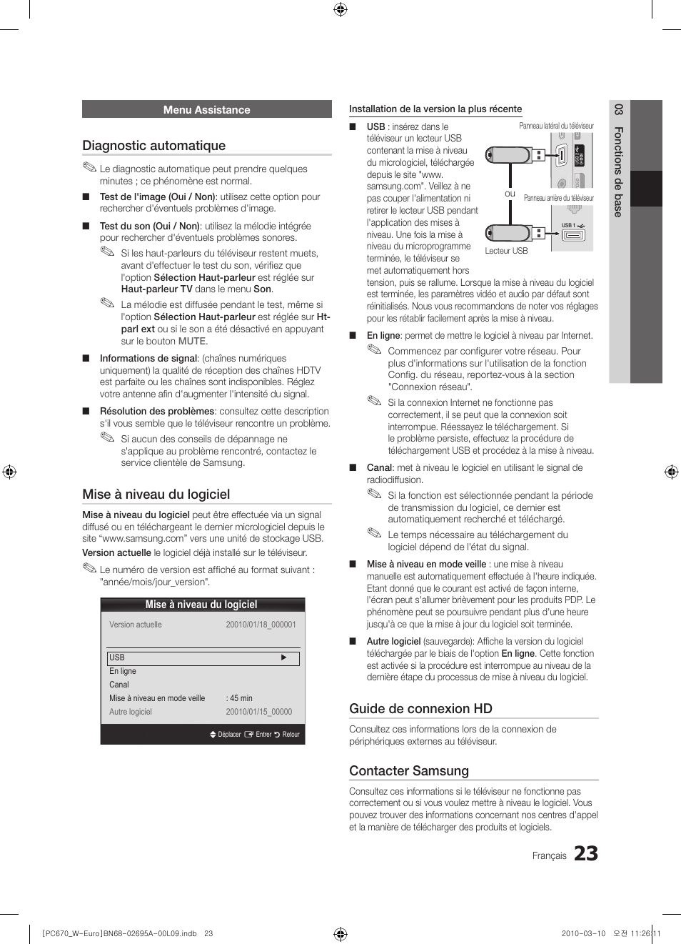 Diagnostic automatique, Mise à niveau du logiciel, Guide de connexion hd | Contacter samsung | Samsung PS50C670G3S User Manual | Page 73 / 452