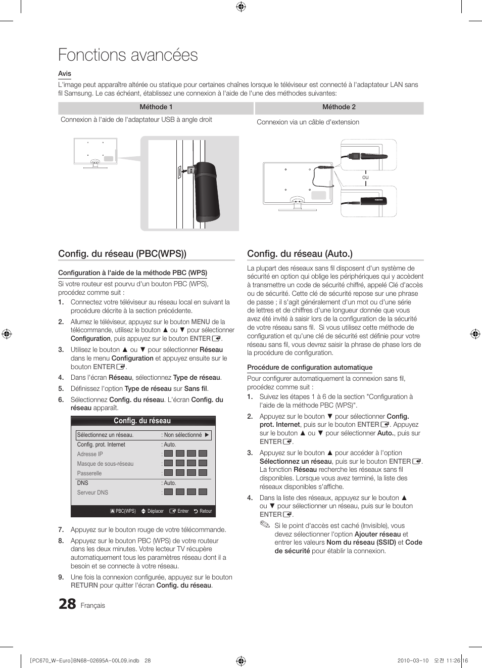 Fonctions avancées, Config. du réseau (pbc(wps)), Config. du réseau (auto.) | Samsung PS50C670G3S User Manual | Page 78 / 452