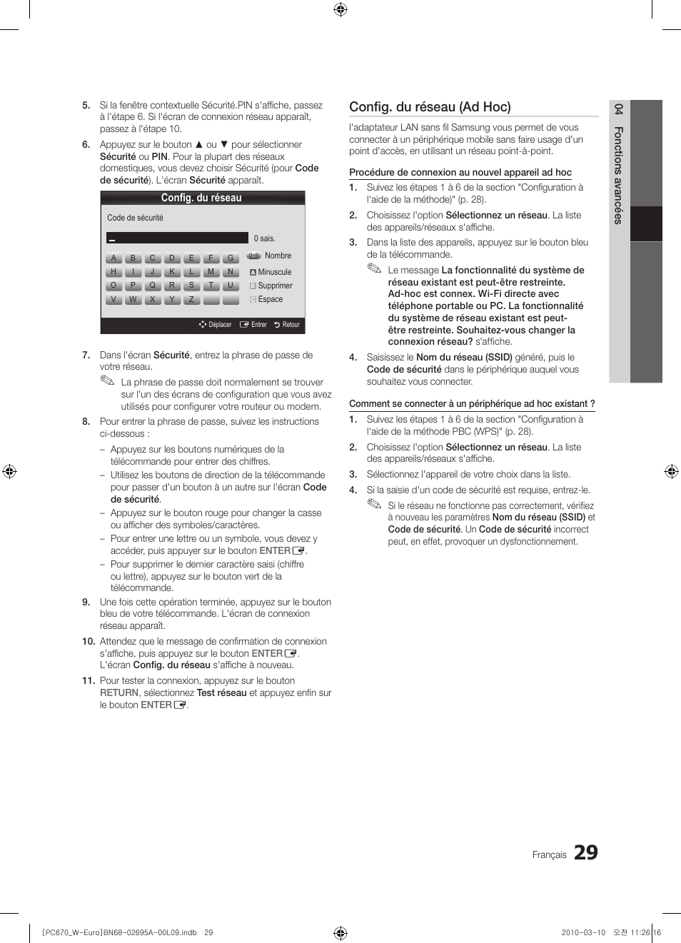 Config. du réseau (ad hoc) | Samsung PS50C670G3S User Manual | Page 79 / 452