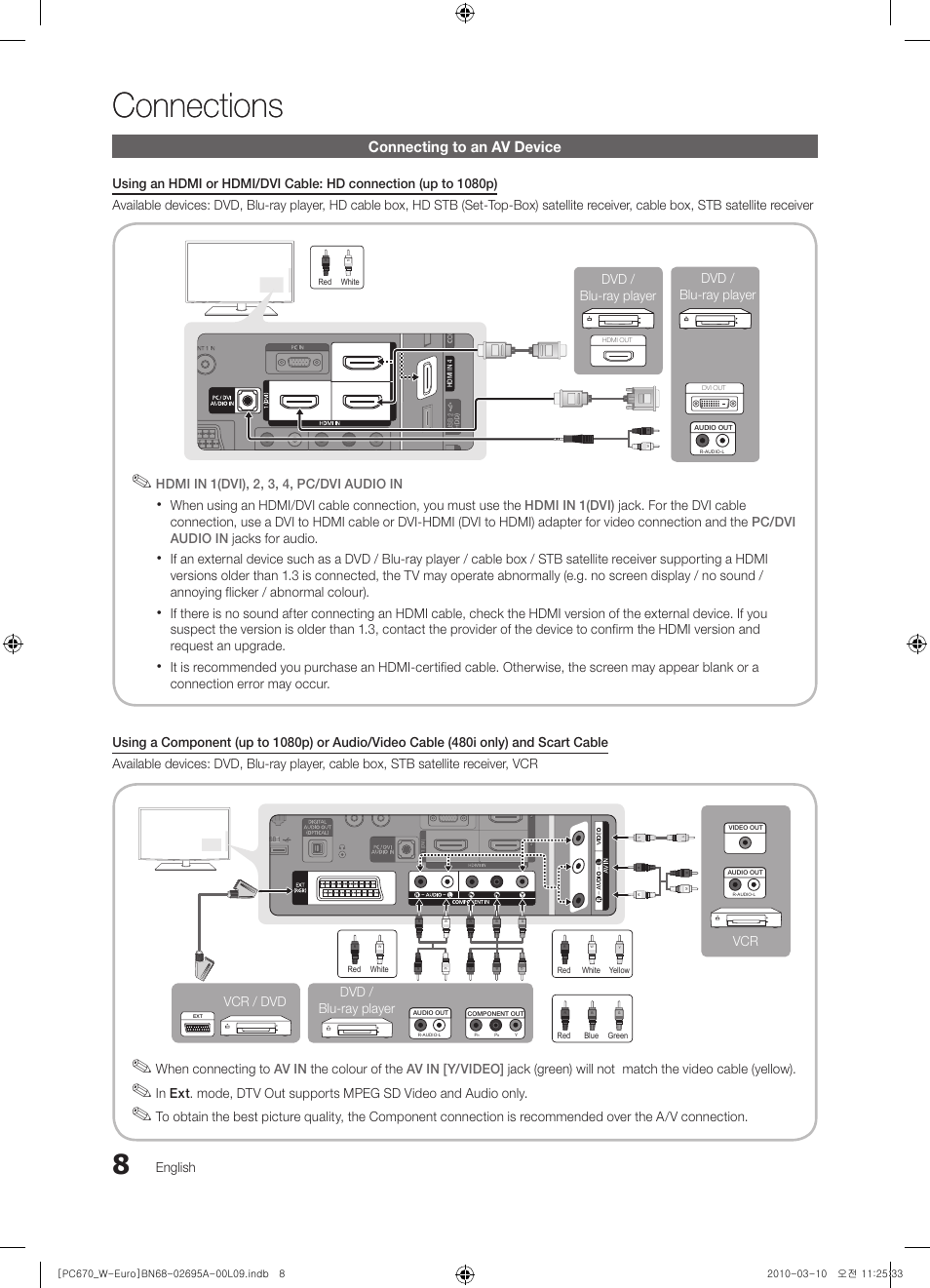 Connections, Connecting to an av device | Samsung PS50C670G3S User Manual | Page 8 / 452