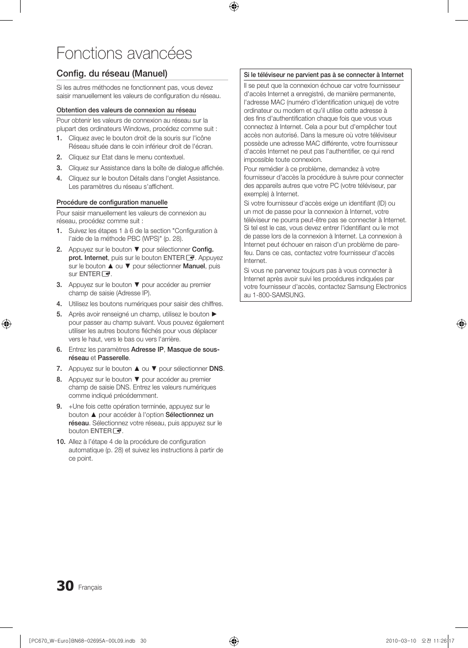 Fonctions avancées, Config. du réseau (manuel) | Samsung PS50C670G3S User Manual | Page 80 / 452