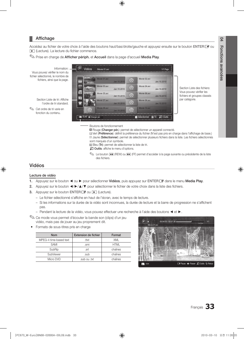 Vidéos, Affichage | Samsung PS50C670G3S User Manual | Page 83 / 452