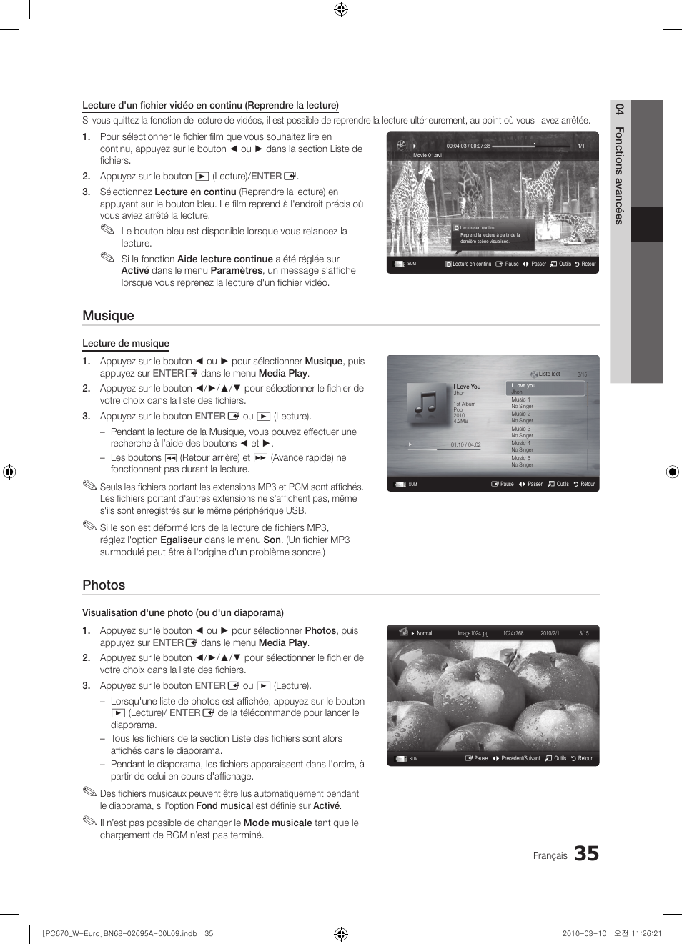 Musique, Photos | Samsung PS50C670G3S User Manual | Page 85 / 452