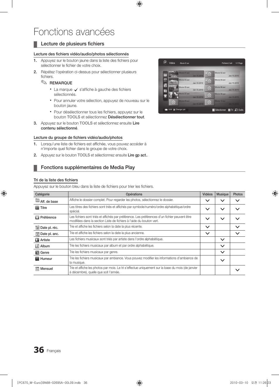 Fonctions avancées, Lecture de plusieurs fichiers, Fonctions supplémentaires de media play | Samsung PS50C670G3S User Manual | Page 86 / 452