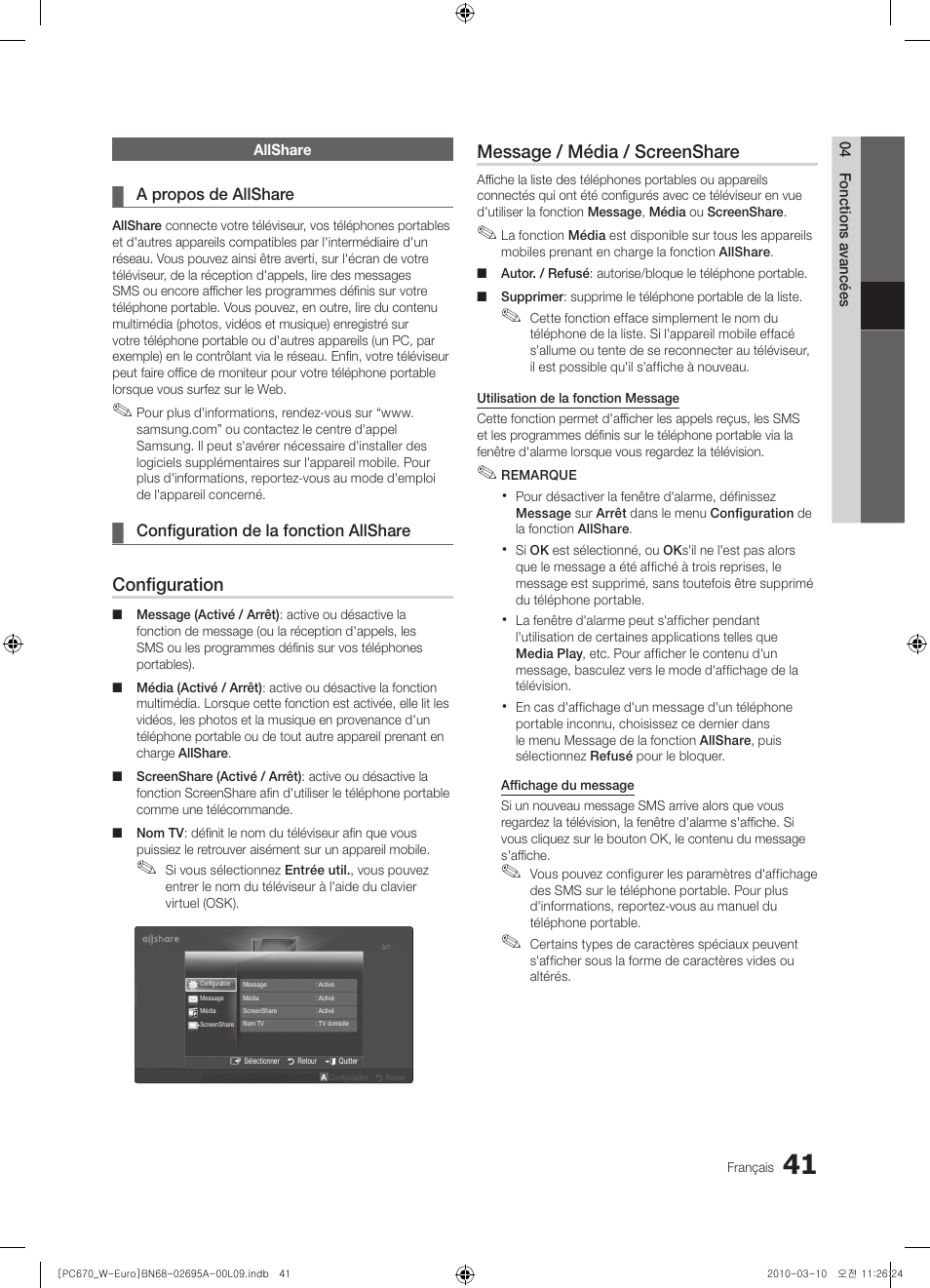 Configuration, Message / média / screenshare | Samsung PS50C670G3S User Manual | Page 91 / 452