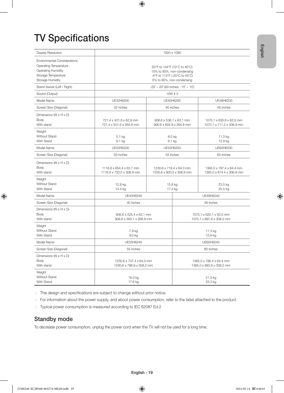 10 specifications and other information, Tv specifications, Standby mode | Samsung UE48H6240AW User Manual | Page 19 / 81