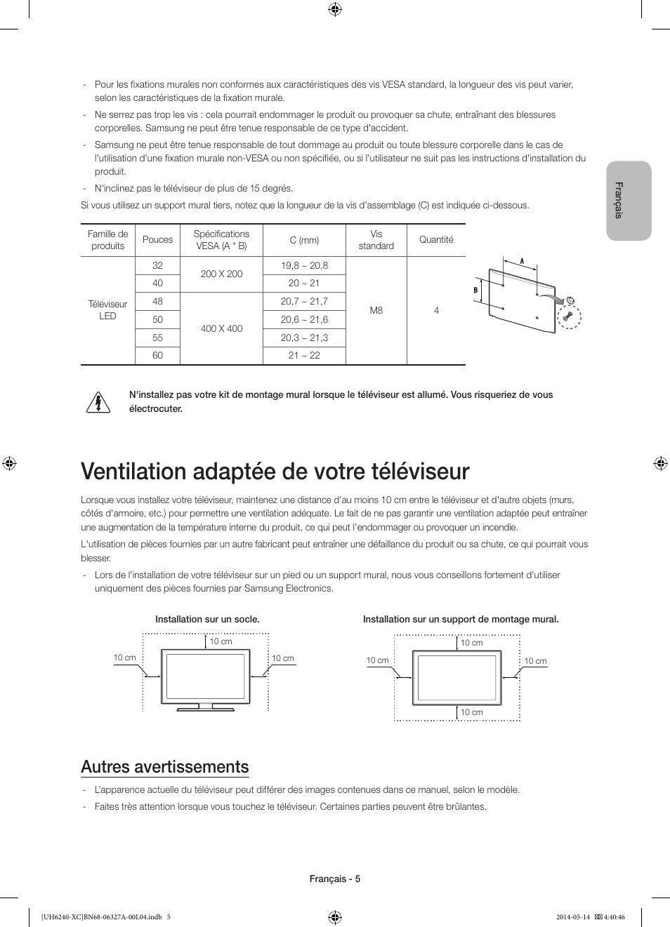 Ventilation adaptée de votre téléviseur, Autres avertissements | Samsung UE48H6240AW User Manual | Page 25 / 81