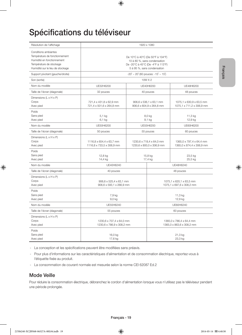 Spécifications du téléviseur, Mode veille | Samsung UE48H6240AW User Manual | Page 39 / 81