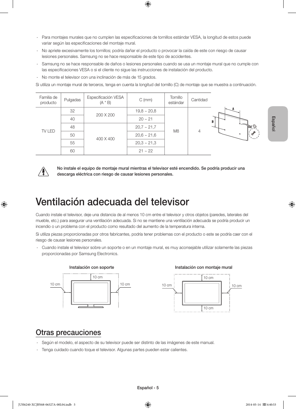 Ventilación adecuada del televisor, Otras precauciones | Samsung UE48H6240AW User Manual | Page 45 / 81