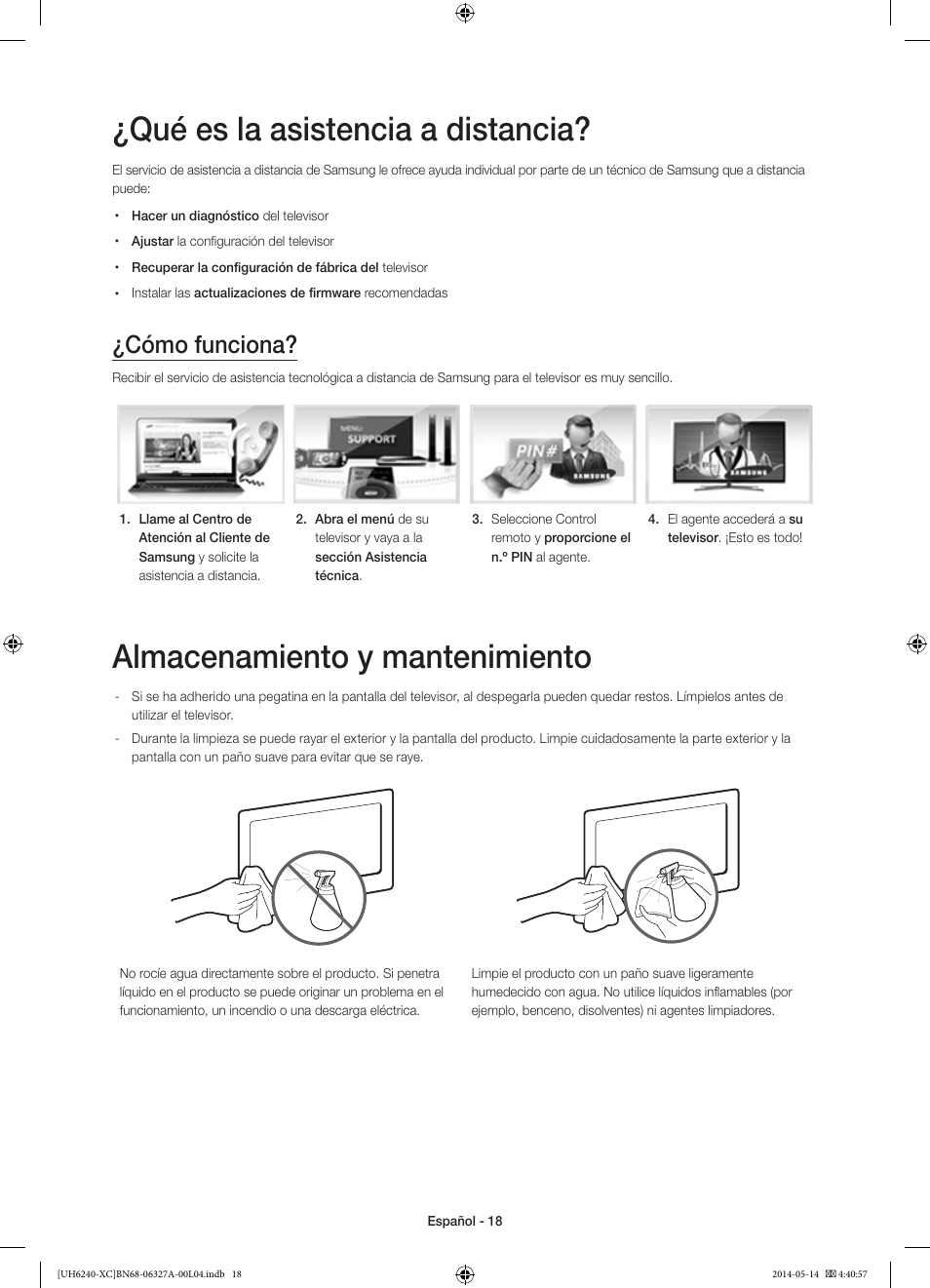 Qué es la asistencia a distancia, Almacenamiento y mantenimiento, Cómo funciona | Samsung UE48H6240AW User Manual | Page 58 / 81