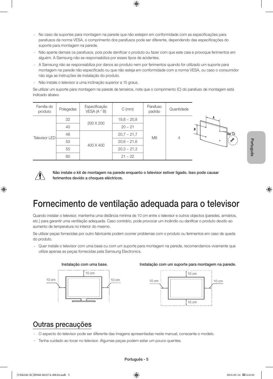 Outras precauções | Samsung UE48H6240AW User Manual | Page 65 / 81