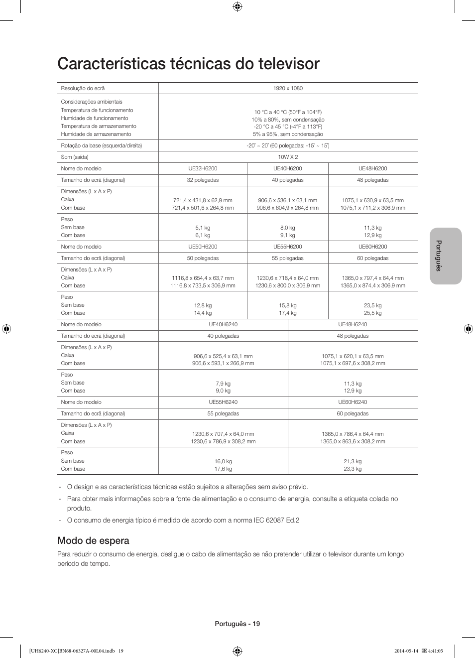 Características técnicas do televisor, Modo de espera | Samsung UE48H6240AW User Manual | Page 79 / 81