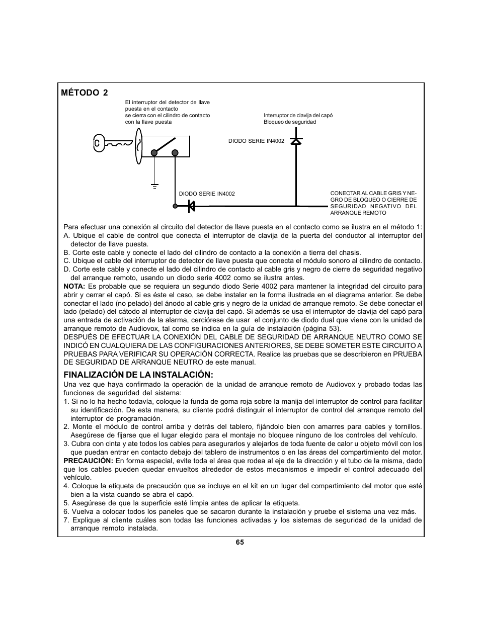 Finalización de la instalación, Método 2 | Audiovox APS 750 User Manual | Page 65 / 66