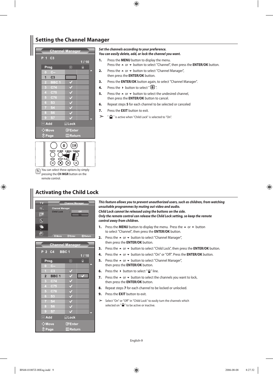 Setting the channel manager, Activating the child lock | Samsung LE37R74BD User Manual | Page 11 / 81