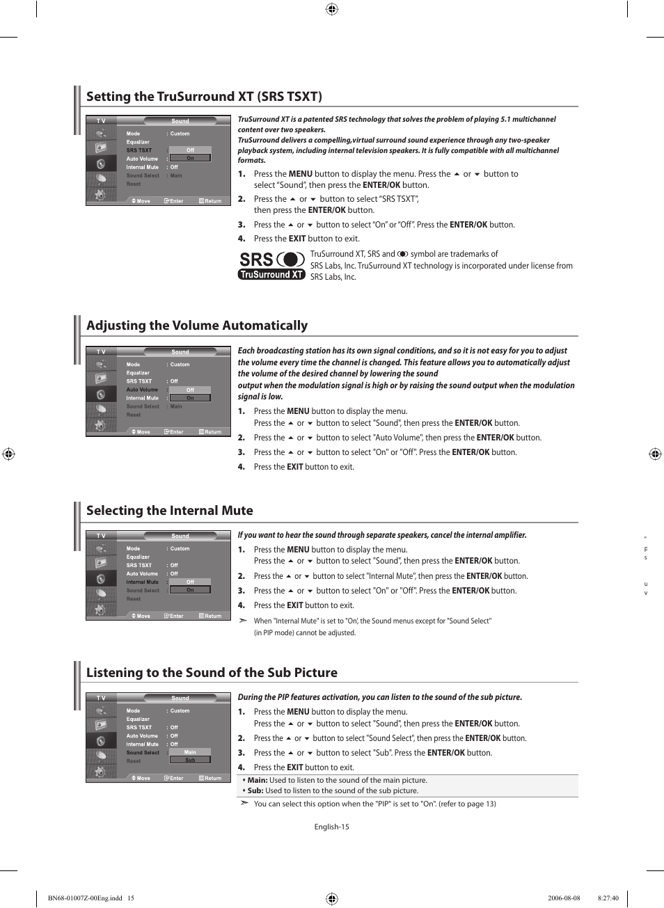 Setting the trusurround xt (srs tsxt), Adjusting the volume automatically, Selecting the internal mute | Listening to the sound of the sub picture | Samsung LE37R74BD User Manual | Page 17 / 81