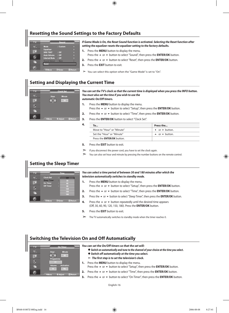 Setting the time, Setting and displaying the current time, Setting the sleep timer | Switching the television on and off automatically | Samsung LE37R74BD User Manual | Page 18 / 81