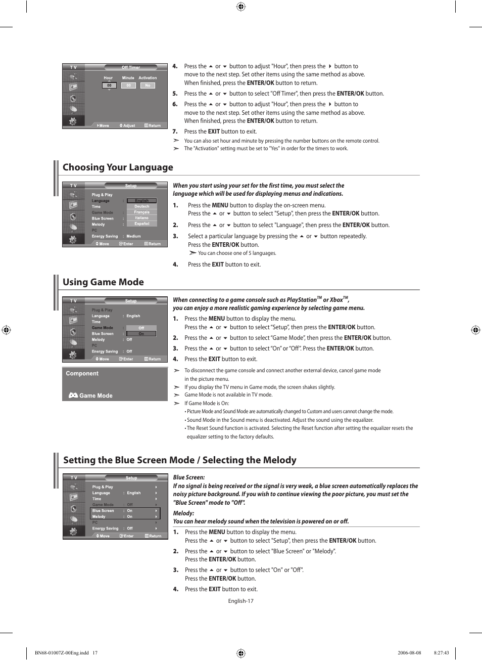 Setting the others, Choosing your language, Using game mode | Samsung LE37R74BD User Manual | Page 19 / 81