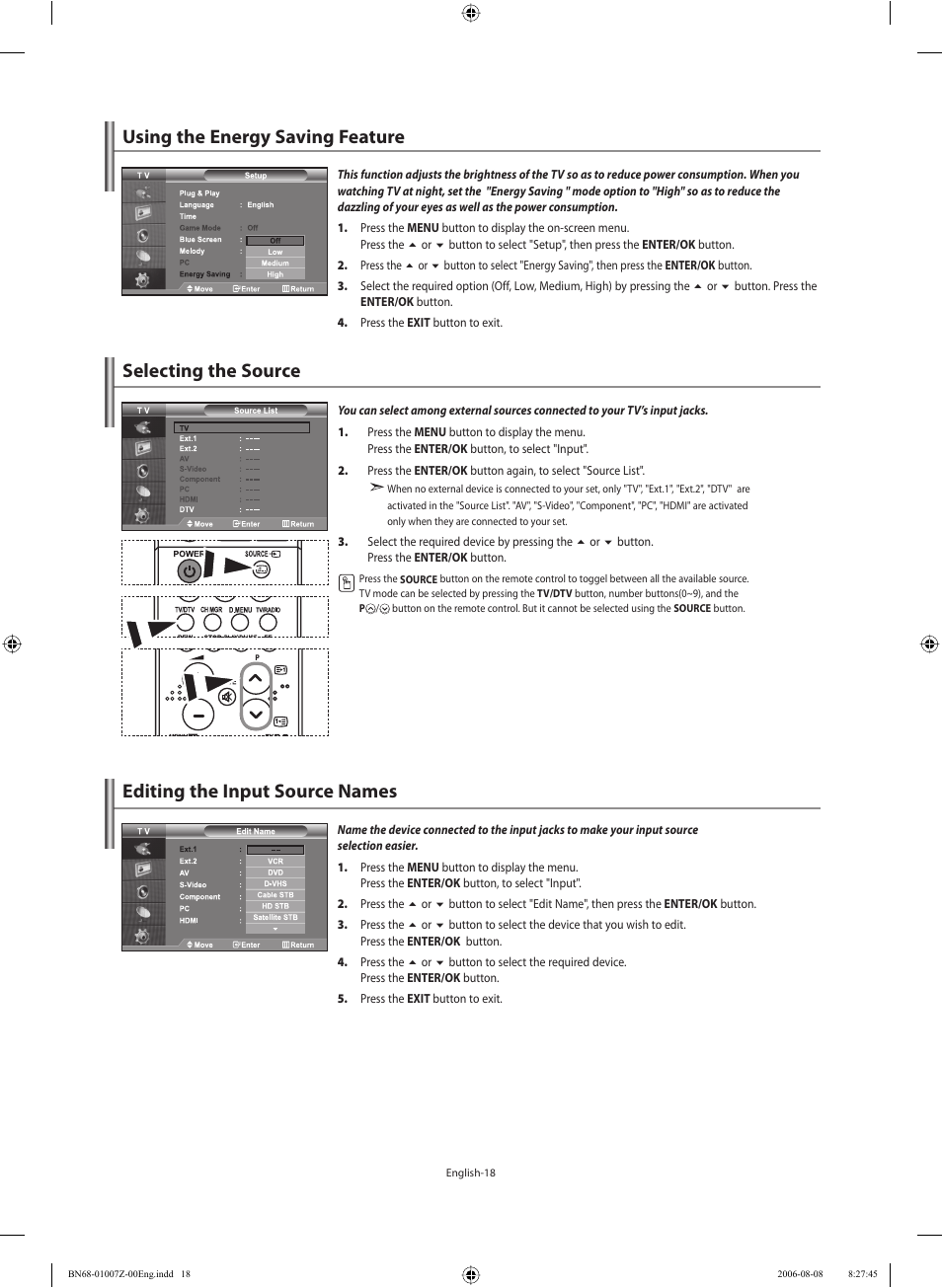 Using the energy saving feature, Selecting the source, Editing the input source names | Samsung LE37R74BD User Manual | Page 20 / 81