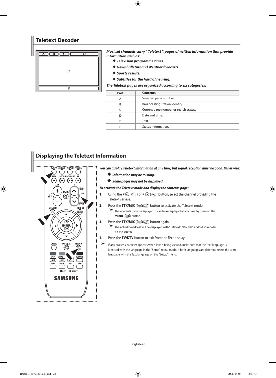 Using the teletext feature, Teletext decoder, Displaying the teletext information | Samsung LE37R74BD User Manual | Page 30 / 81