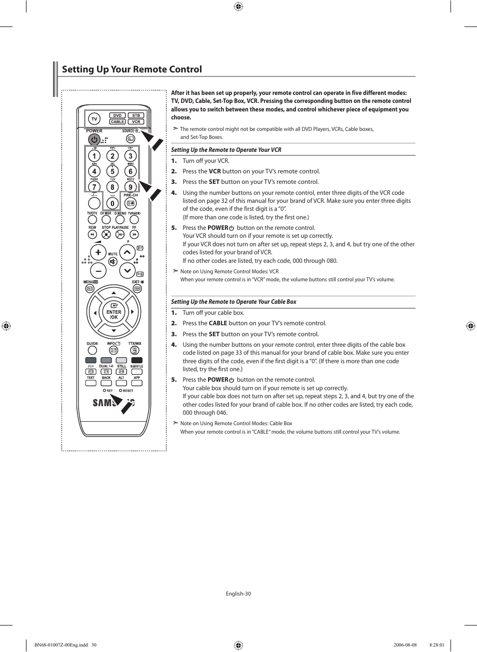 Setting up your remote control | Samsung LE37R74BD User Manual | Page 32 / 81