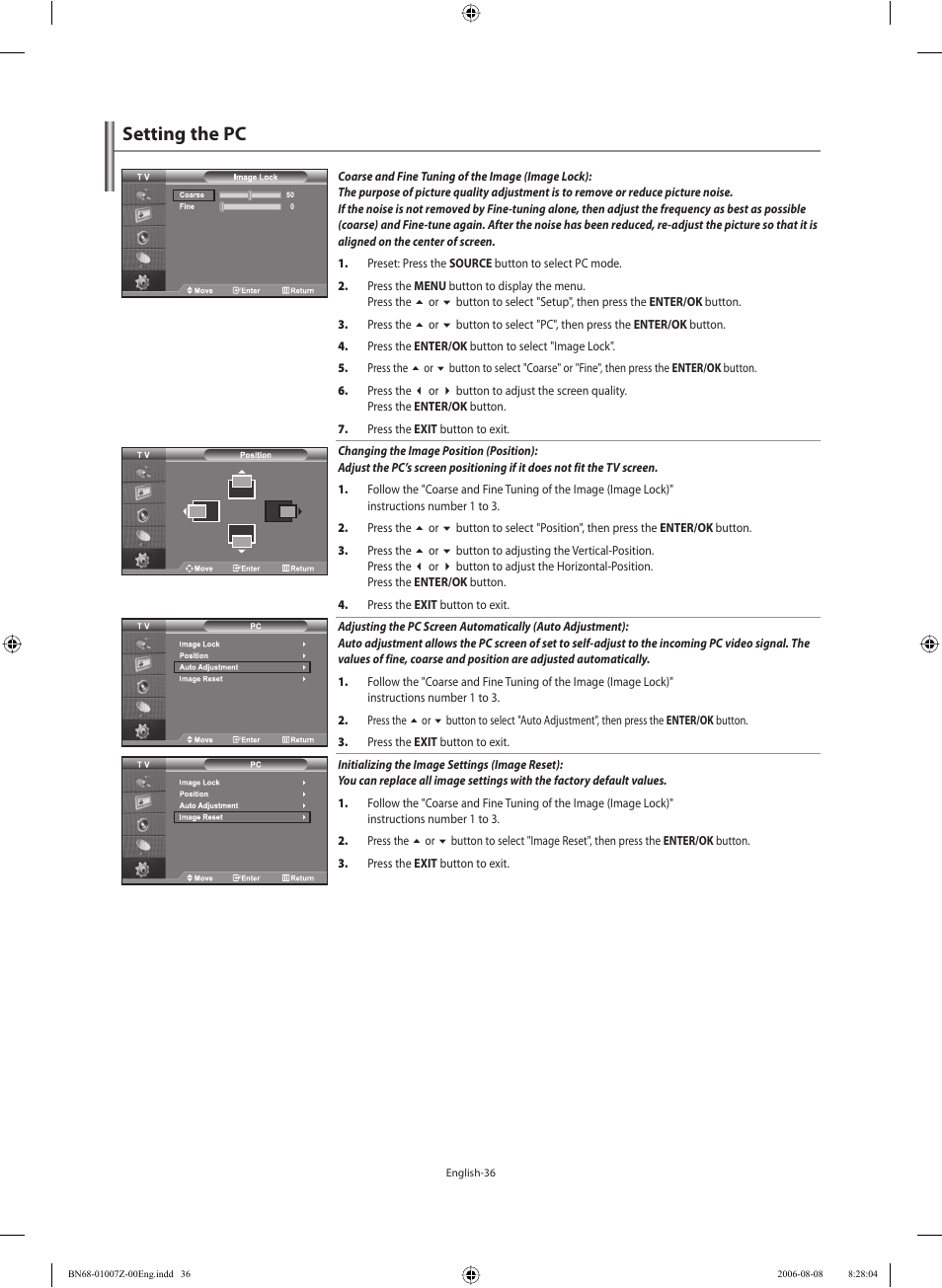 Setting the pc | Samsung LE37R74BD User Manual | Page 38 / 81