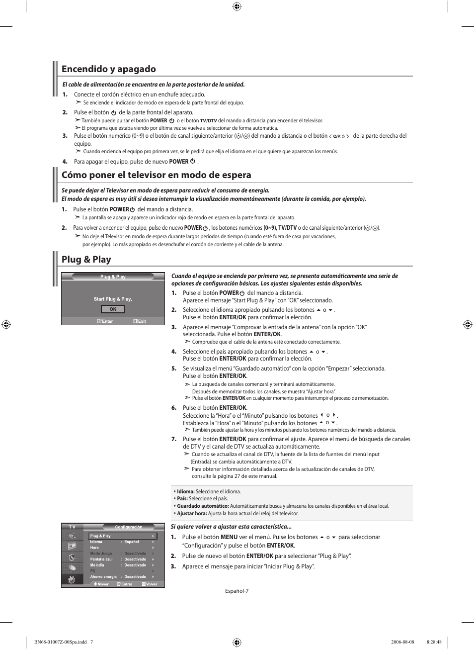 Encendido y apagado, Cómo poner el televisor en modo de espera, Plug & play | Samsung LE37R74BD User Manual | Page 48 / 81