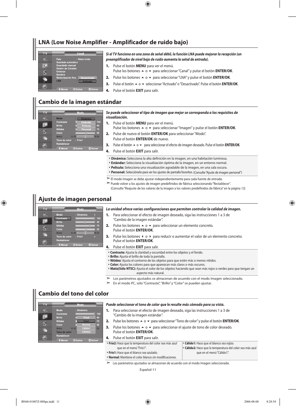 Cambio de la imagen estándar, Ajuste de imagen personal, Cambio del tono del color | Samsung LE37R74BD User Manual | Page 52 / 81