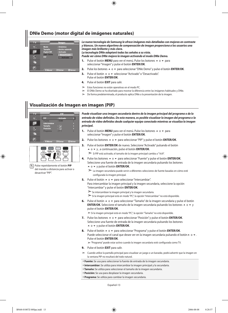 Dnie demo (motor digital de imágenes naturales), Visualización de imagen en imagen (pip) | Samsung LE37R74BD User Manual | Page 54 / 81