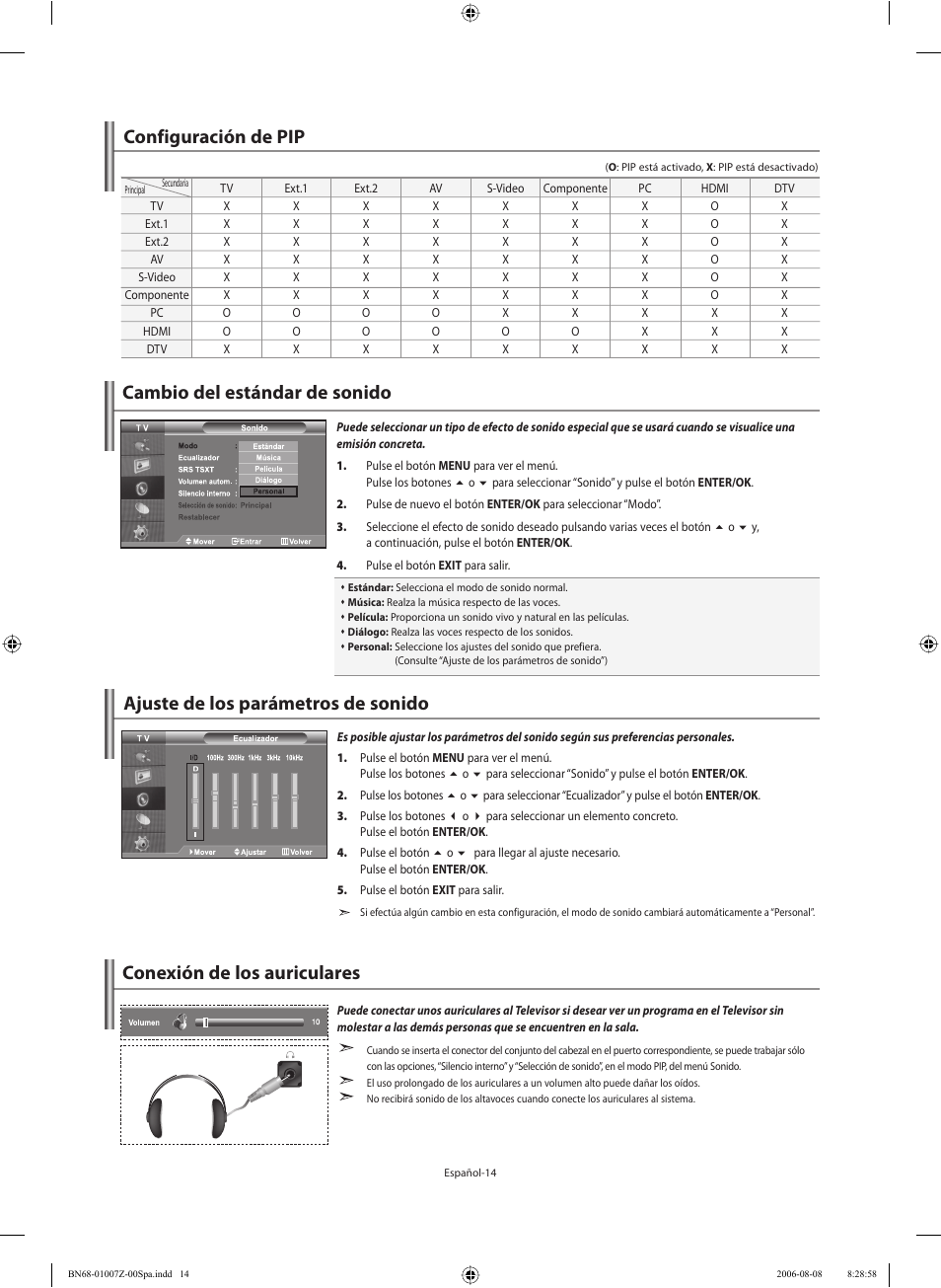 Cambio del estándar de sonido, Ajuste de los parámetros de sonido, Configuración de pip | Conexión de los auriculares | Samsung LE37R74BD User Manual | Page 55 / 81