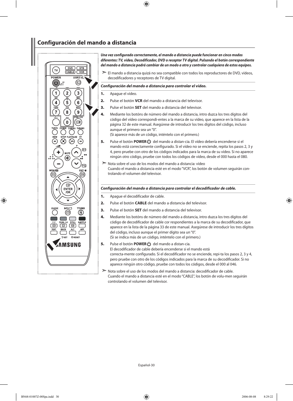 Configuración del mando a distancia | Samsung LE37R74BD User Manual | Page 71 / 81