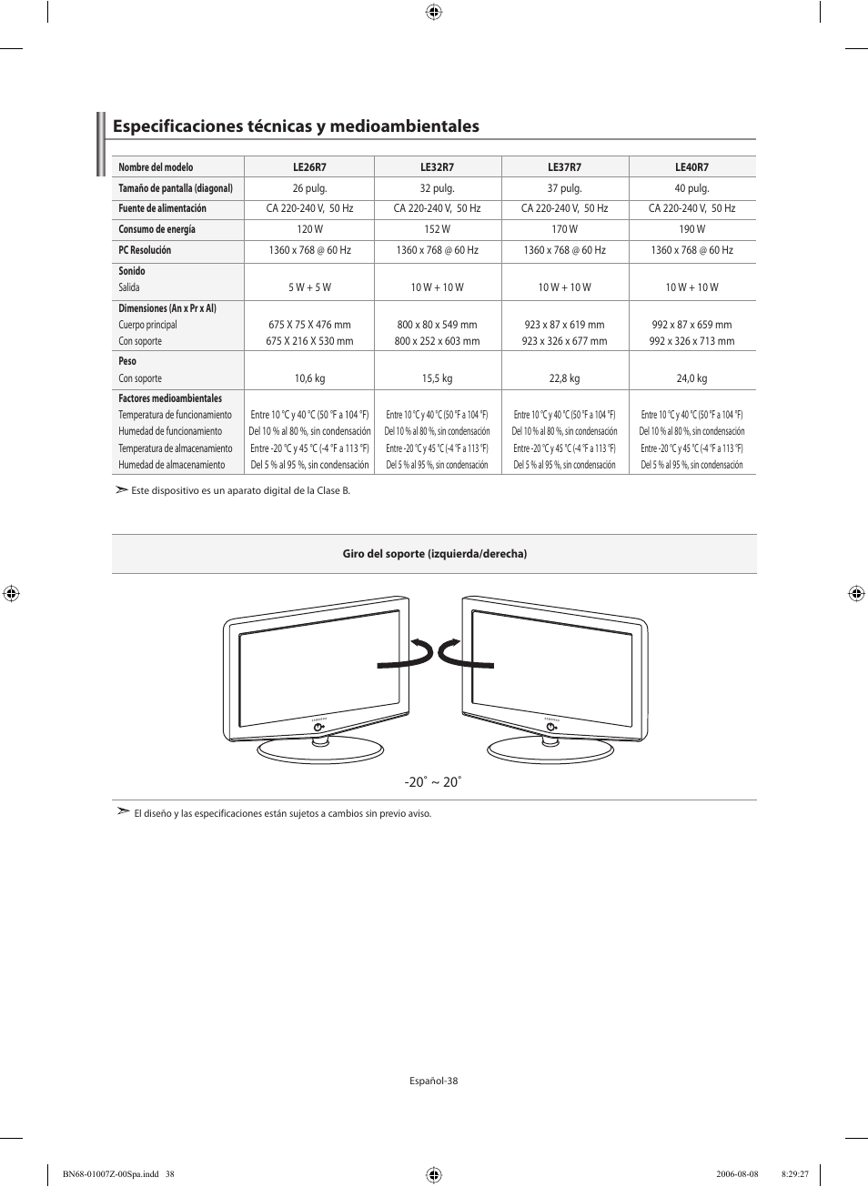 Especificaciones técnicas y medioambientales | Samsung LE37R74BD User Manual | Page 79 / 81