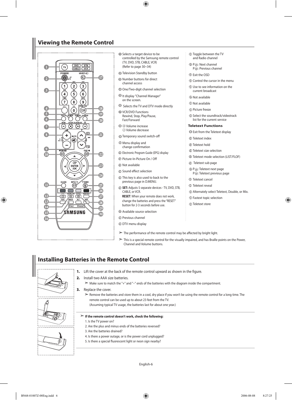 Viewing the remote control, Installing batteries in the remote control | Samsung LE37R74BD User Manual | Page 8 / 81