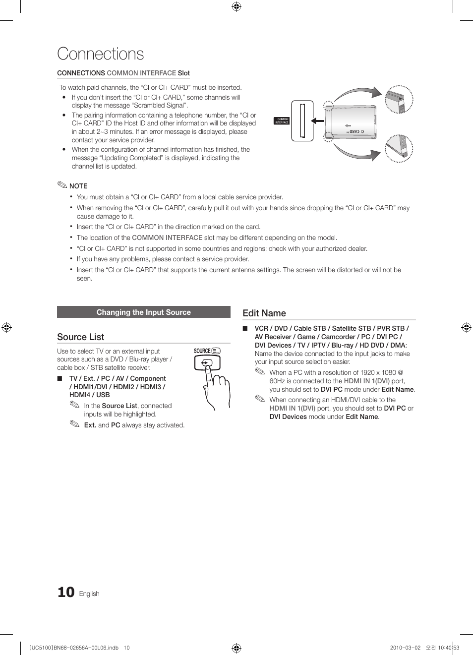 Changing the input source, Connections | Samsung UE37C5100QW User Manual | Page 10 / 303