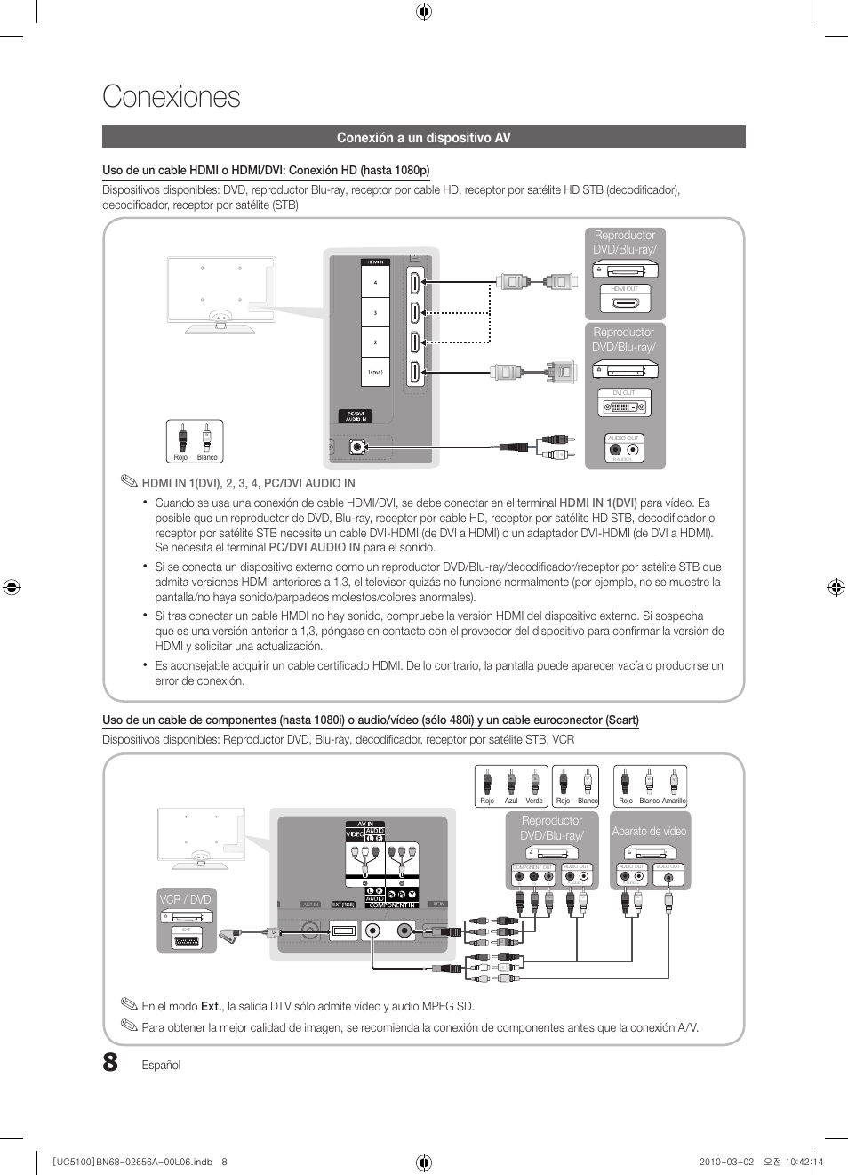 Conexiones, Conexión a un dispositivo av | Samsung UE37C5100QW User Manual | Page 108 / 303