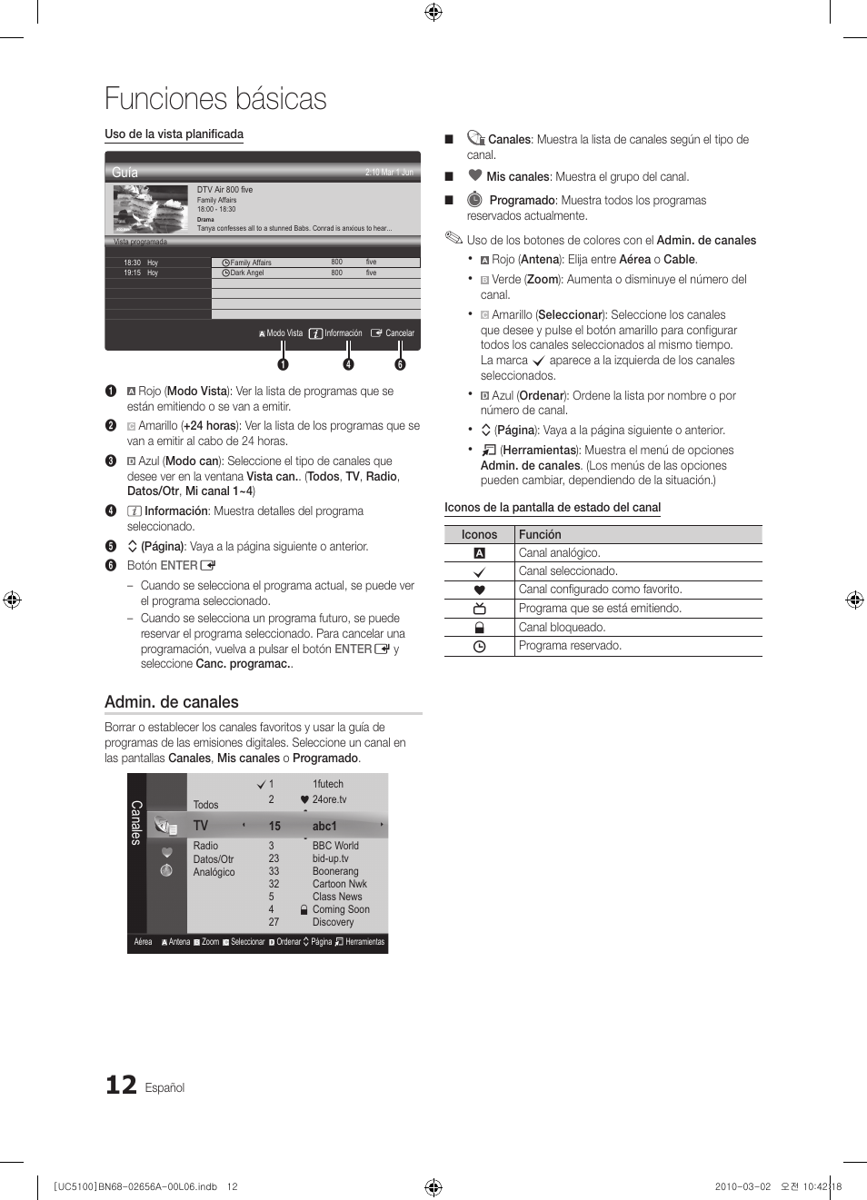 Funciones básicas, Admin. de canales | Samsung UE37C5100QW User Manual | Page 112 / 303