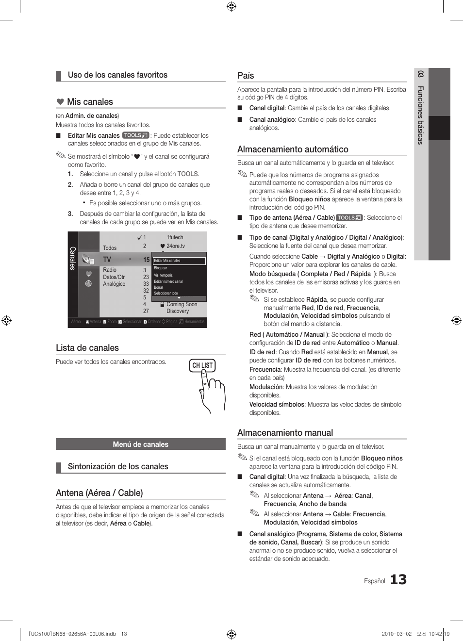 Mis canales, Lista de canales, Antena (aérea / cable) | País, Almacenamiento automático, Almacenamiento manual | Samsung UE37C5100QW User Manual | Page 113 / 303
