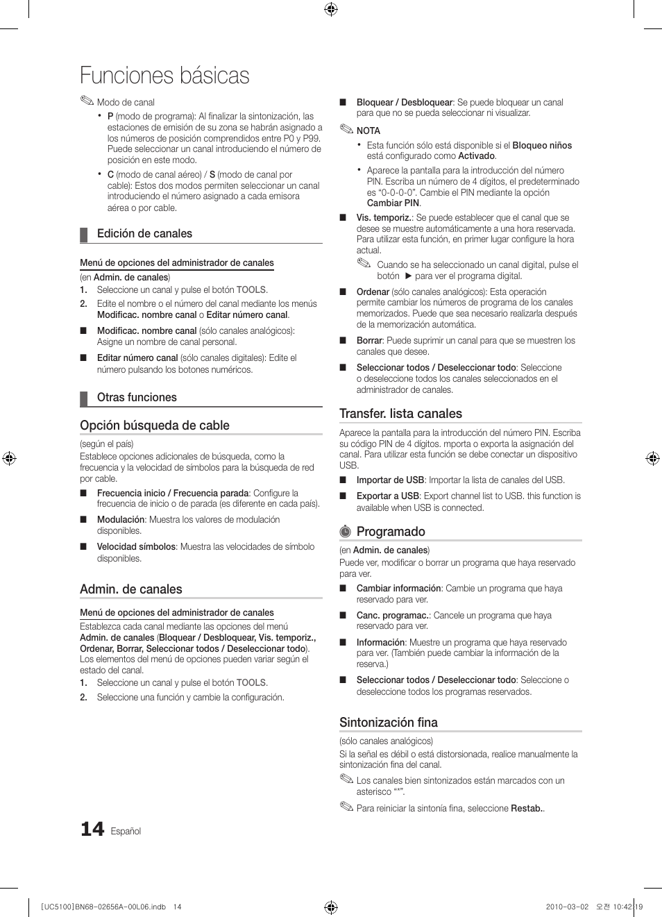 Funciones básicas, Opción búsqueda de cable, Admin. de canales | Transfer. lista canales, Programado, Sintonización fina | Samsung UE37C5100QW User Manual | Page 114 / 303