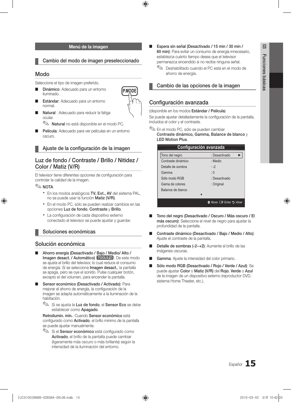 Modo, Solución económica, Configuración avanzada | Samsung UE37C5100QW User Manual | Page 115 / 303