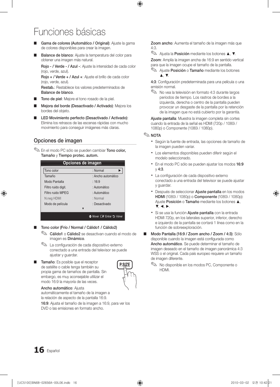 Funciones básicas, Opciones de imagen | Samsung UE37C5100QW User Manual | Page 116 / 303