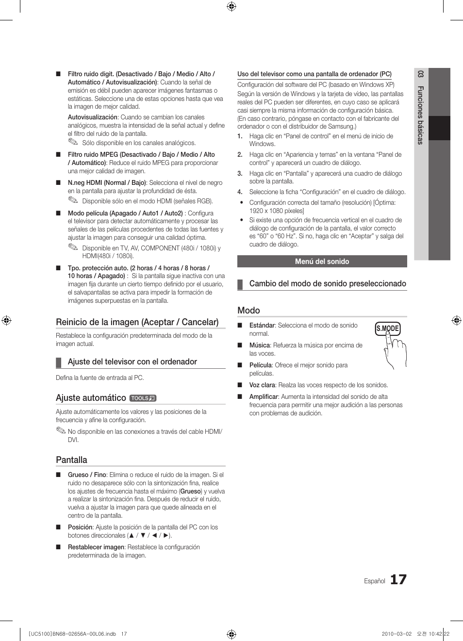 Reinicio de la imagen (aceptar / cancelar), Ajuste automático, Pantalla | Modo | Samsung UE37C5100QW User Manual | Page 117 / 303