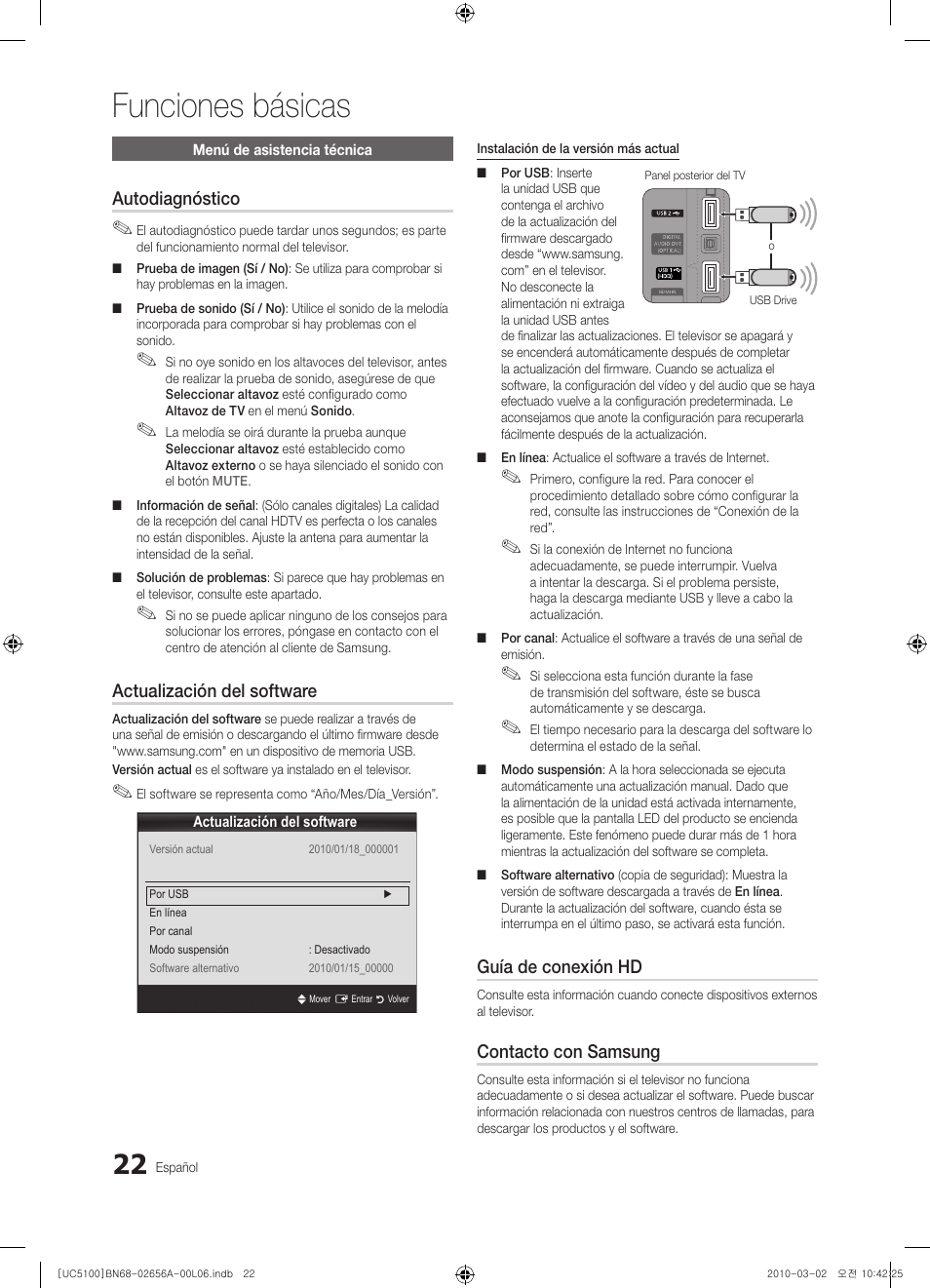 Funciones básicas, Autodiagnóstico, Actualización del software | Guía de conexión hd, Contacto con samsung | Samsung UE37C5100QW User Manual | Page 122 / 303
