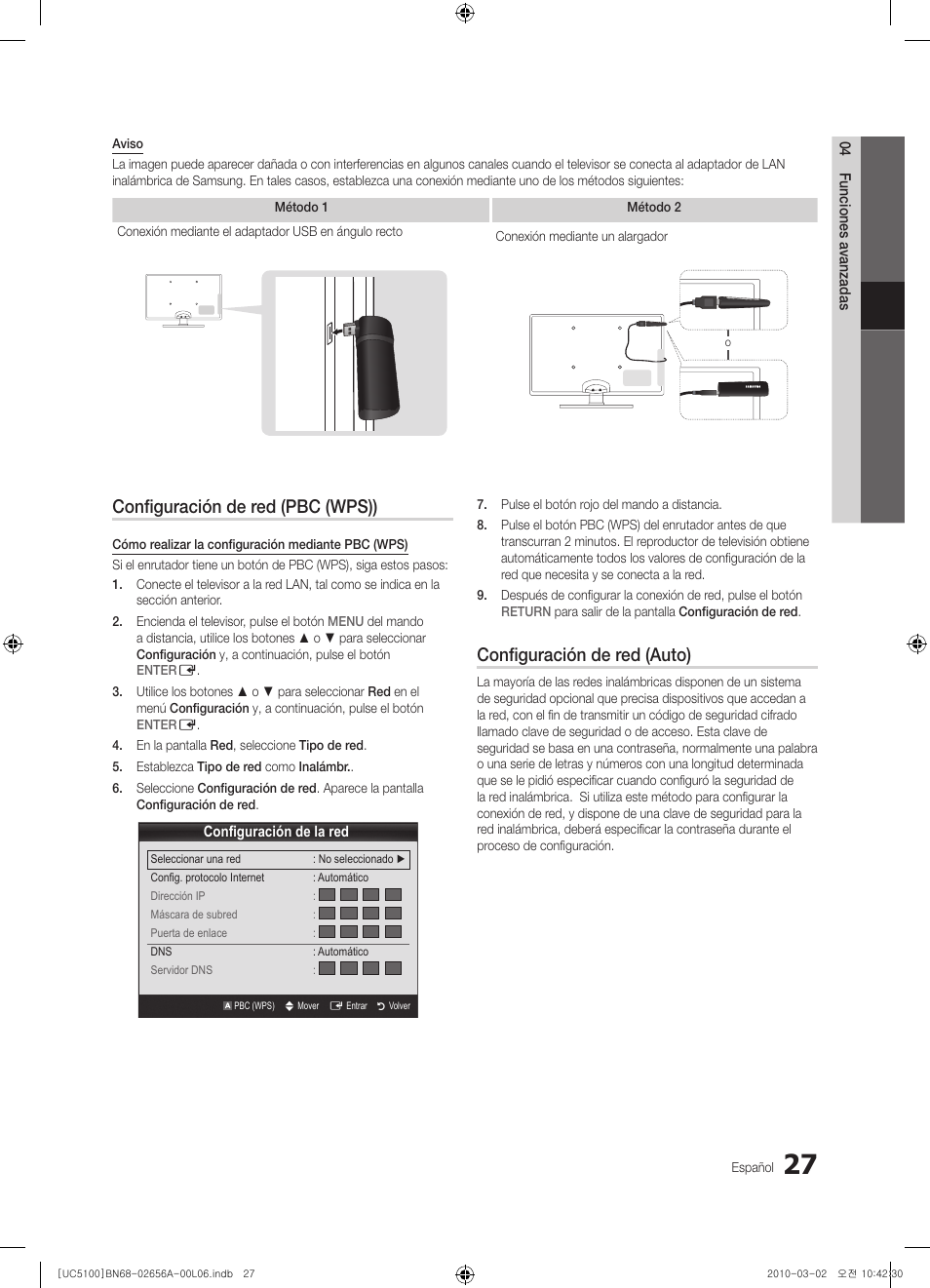 Configuración de red (pbc (wps)), Configuración de red (auto) | Samsung UE37C5100QW User Manual | Page 127 / 303