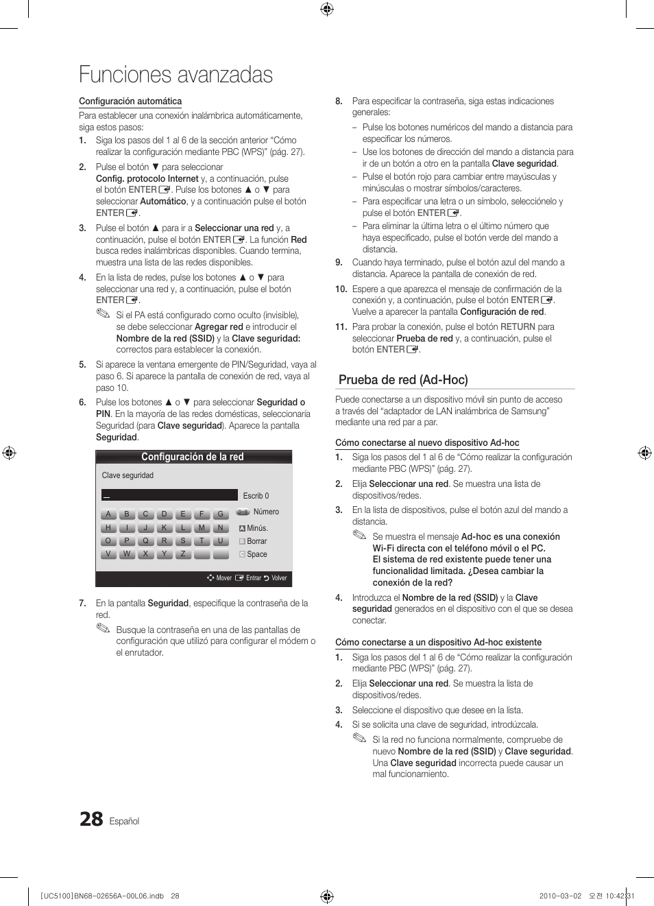 Funciones avanzadas, Prueba de red (ad-hoc) | Samsung UE37C5100QW User Manual | Page 128 / 303