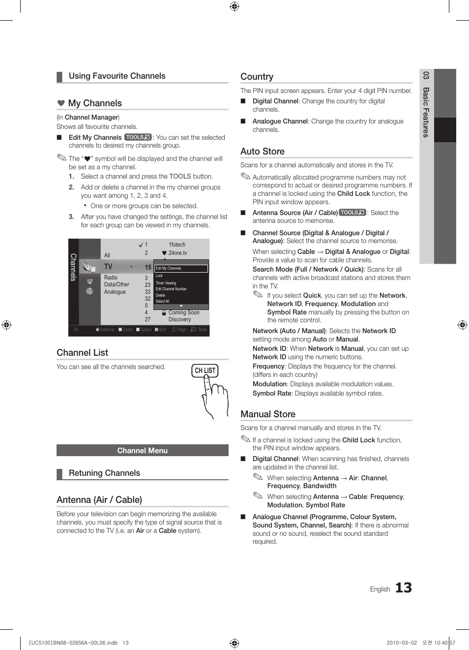 Channel menu, My channels, Channel list | Antenna (air / cable), Country, Auto store, Manual store | Samsung UE37C5100QW User Manual | Page 13 / 303