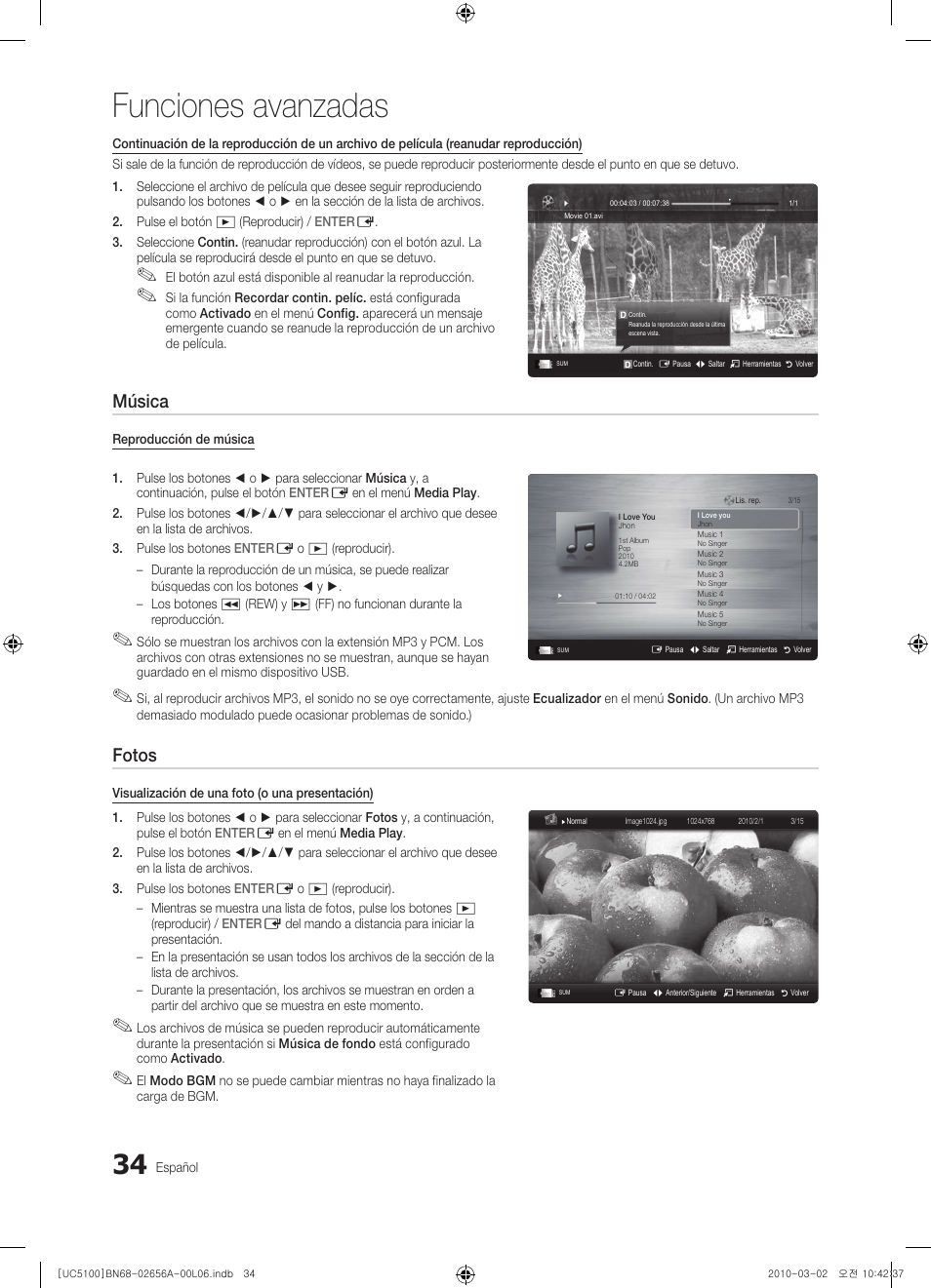 Funciones avanzadas, Música, Fotos | Samsung UE37C5100QW User Manual | Page 134 / 303