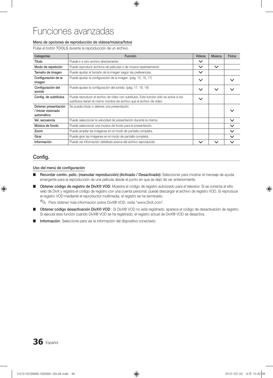 Funciones avanzadas, Config | Samsung UE37C5100QW User Manual | Page 136 / 303