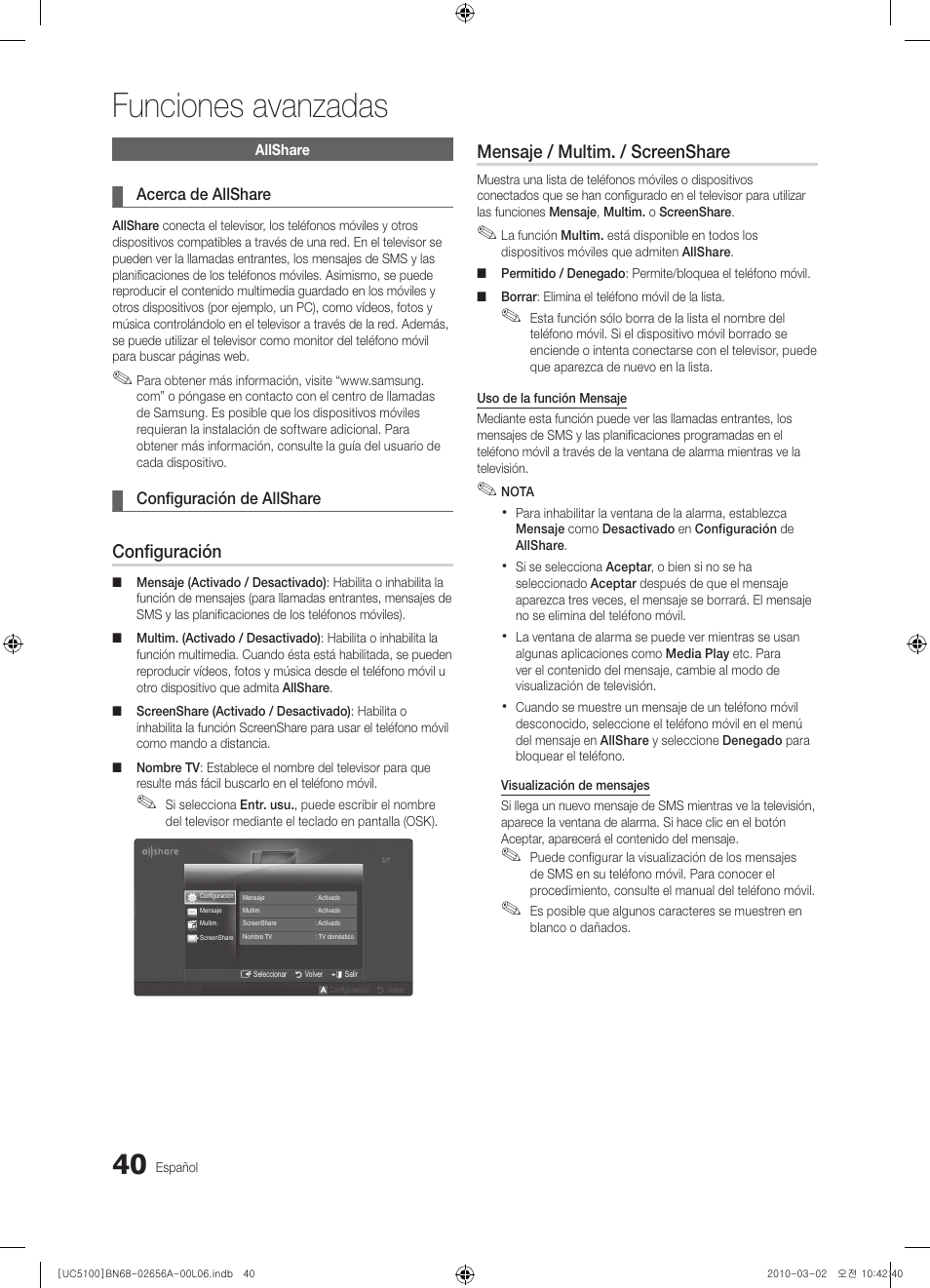 Funciones avanzadas, Configuración, Mensaje / multim. / screenshare | Samsung UE37C5100QW User Manual | Page 140 / 303