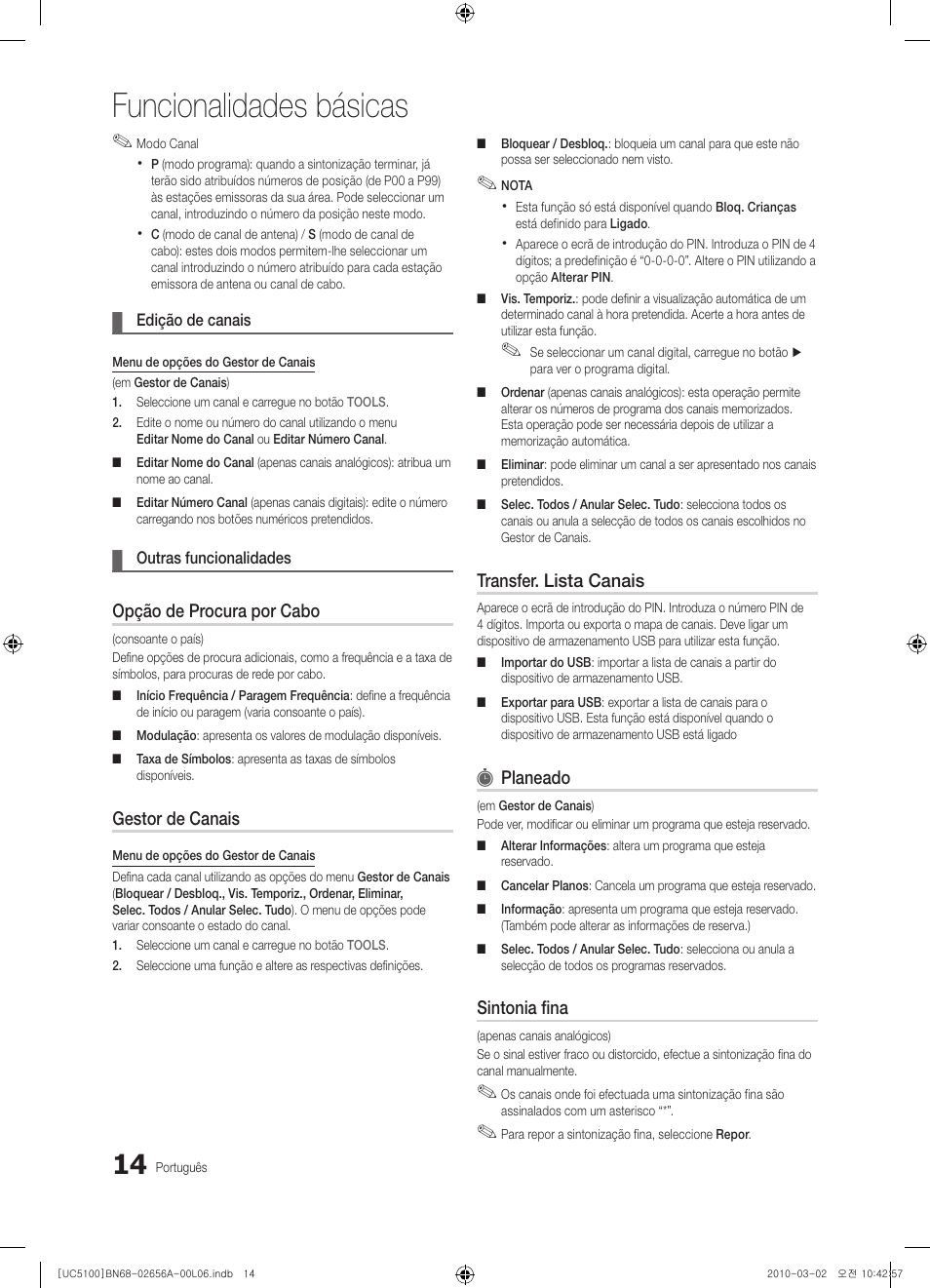 Funcionalidades básicas, Opção de procura por cabo, Gestor de canais | Transfer. lista canais, Planeado, Sintonia fina | Samsung UE37C5100QW User Manual | Page 164 / 303